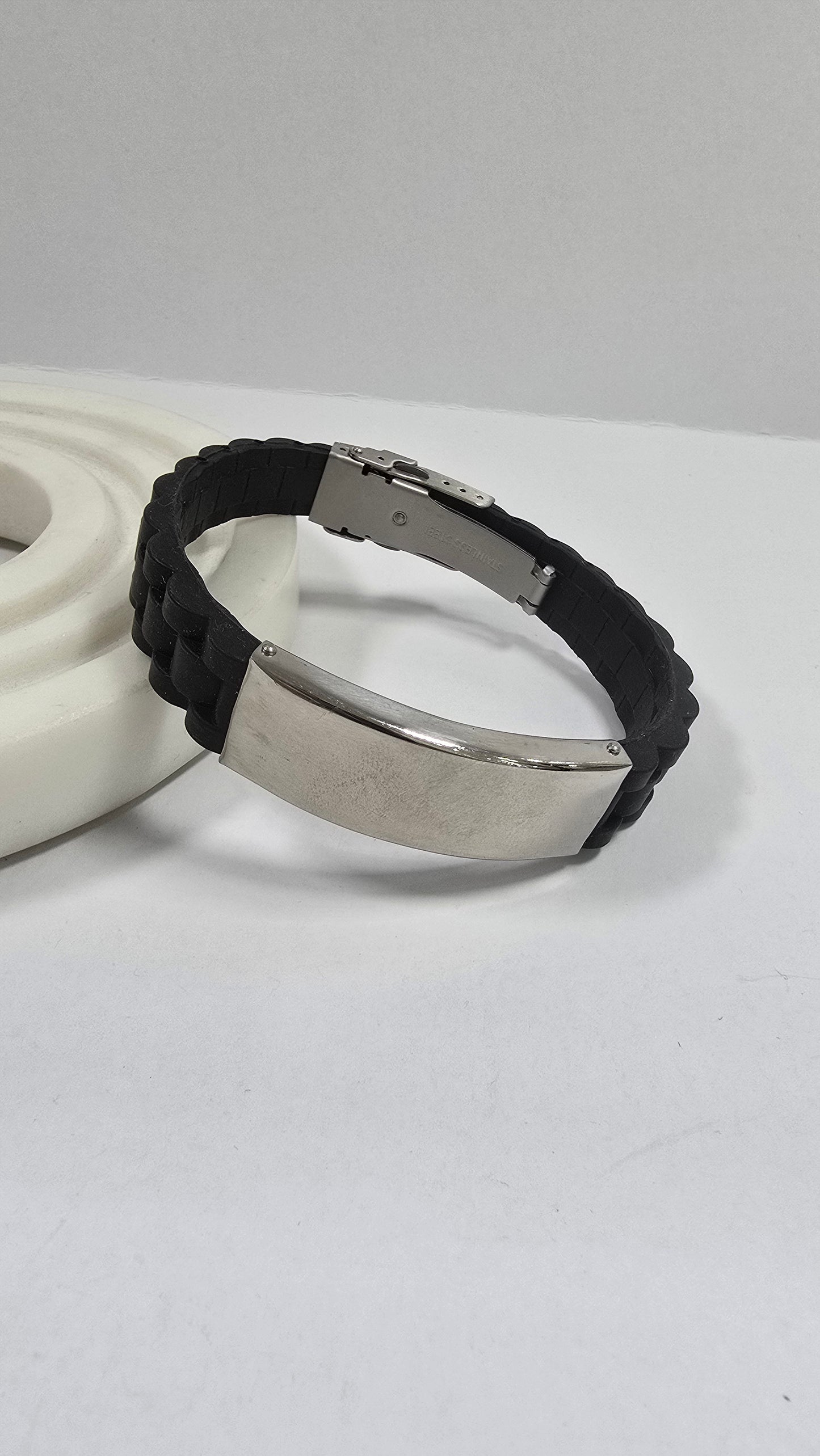 Pulsera de Identificación | Placa Lisa y Caucho Trenzado