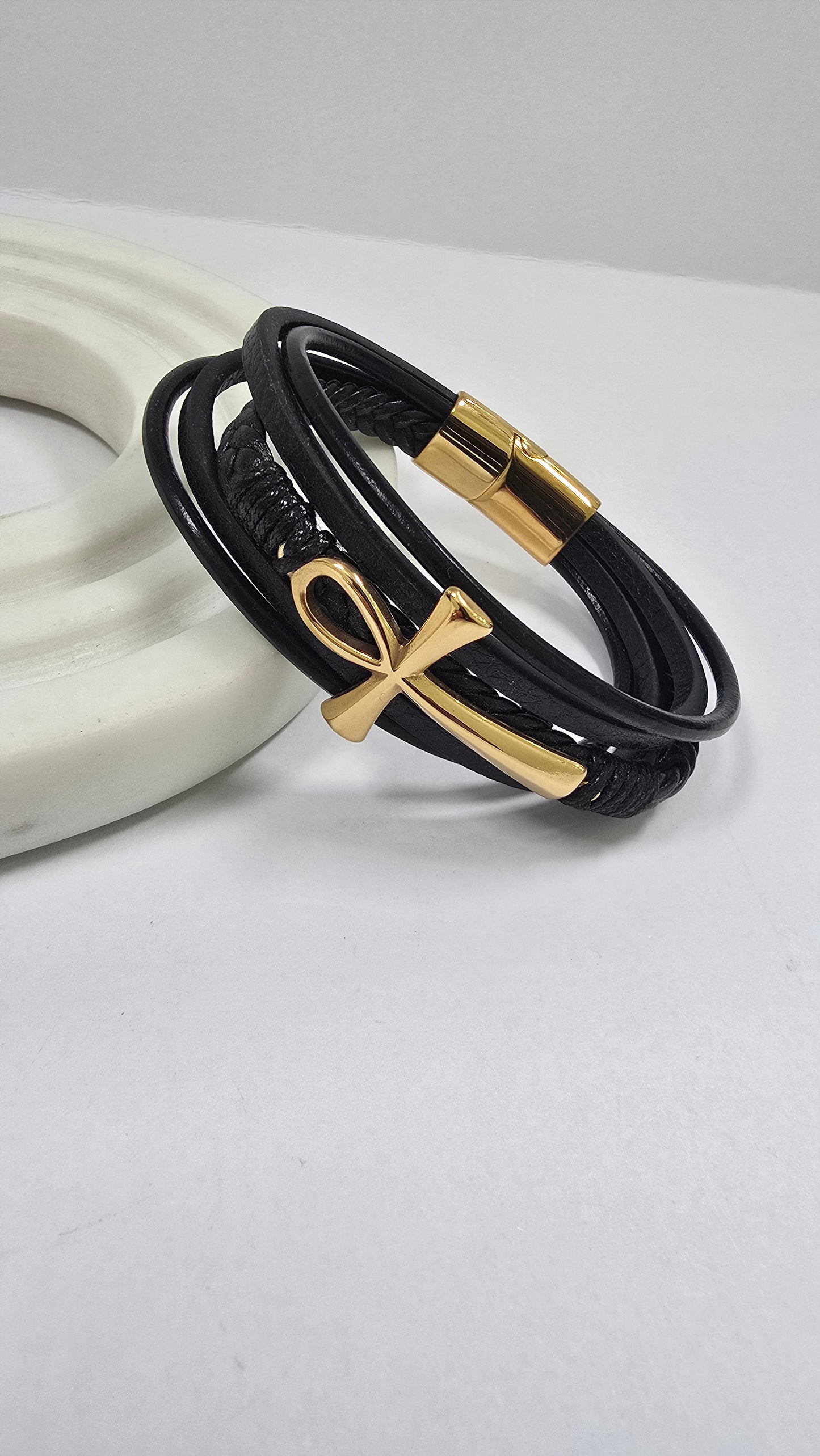 Pulsera Ankh "Eternidad" en Cuero y Oro