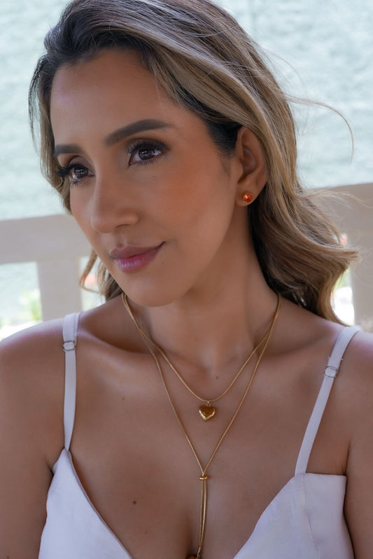 Collar Doble con Corazón y Aretes en Circonia Roja