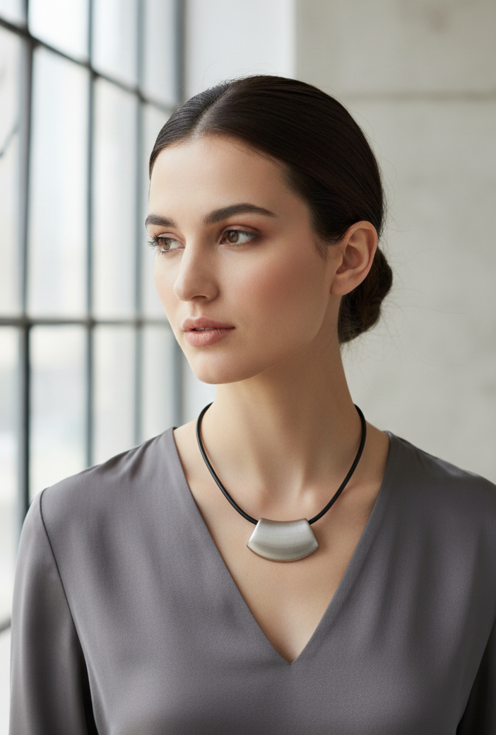 Collar Minimalista Curvo en Rodio y Cuero Liso.