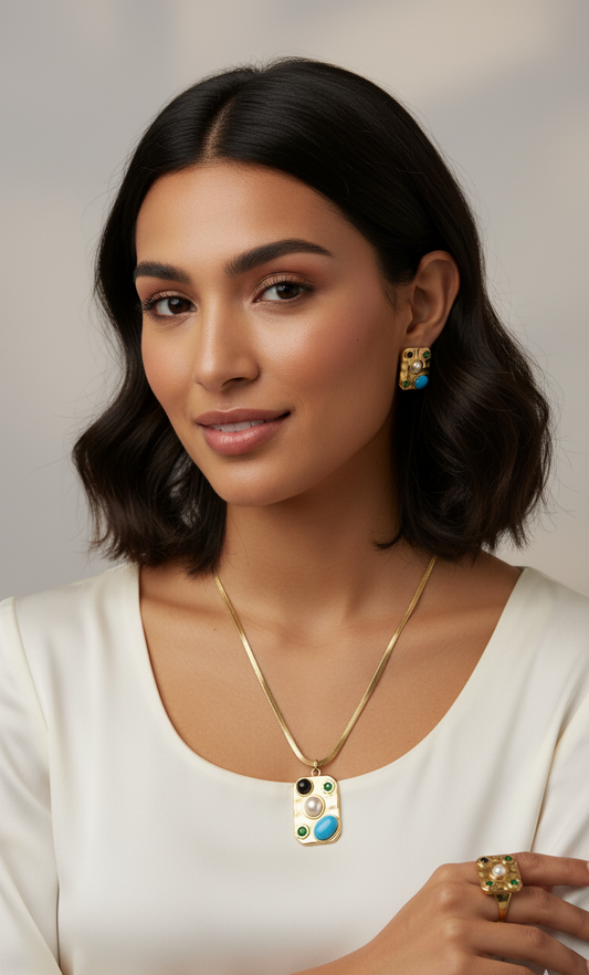 Juego de Joyas "Elegancia Geométrica" - Collar, Anillo y Aretes