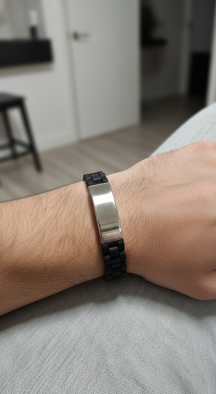 Pulsera de Identificación | Placa Lisa y Caucho Trenzado