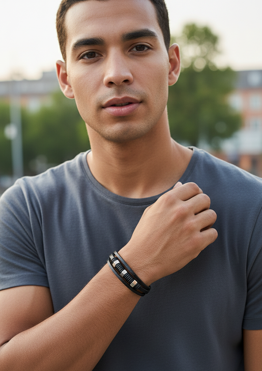 Pulsera de Cuero Trenzado "Urban Edge" con Detalles Metálicos