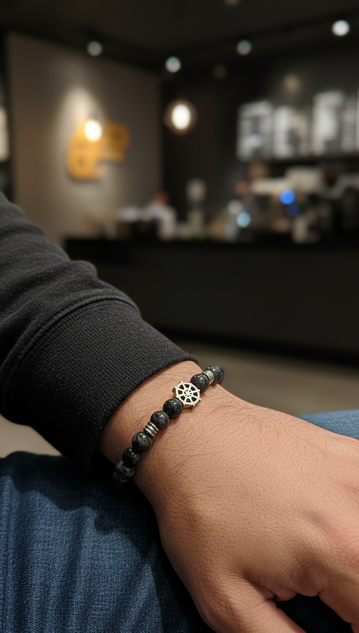 Pulsera Rueda del Dharma - Ónix Gris