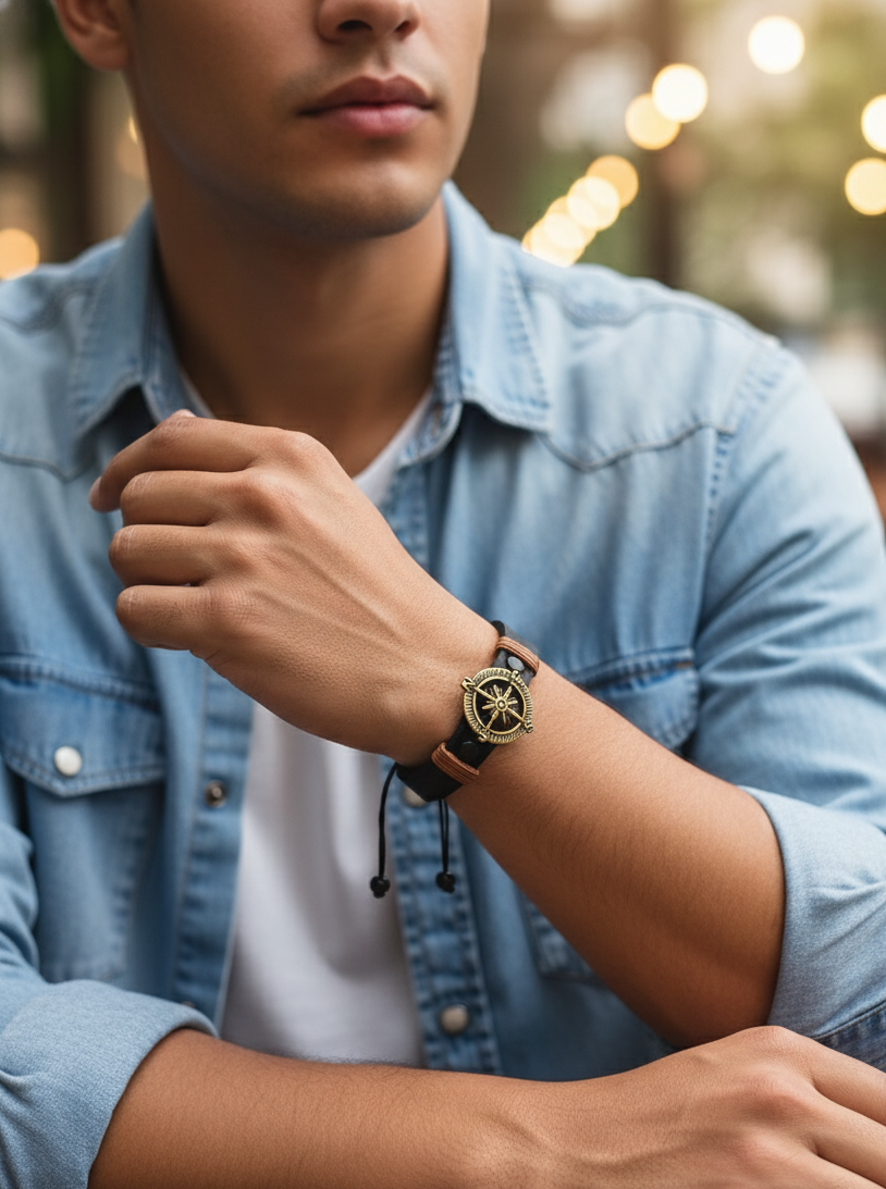 Aventura | Pulsera de Cuero y Brújula Vintage