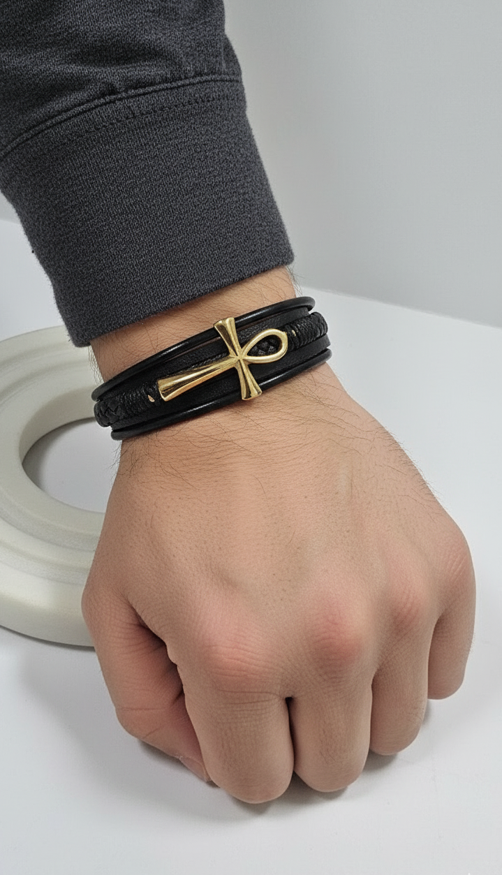 Pulsera Ankh "Eternidad" en Cuero y Oro