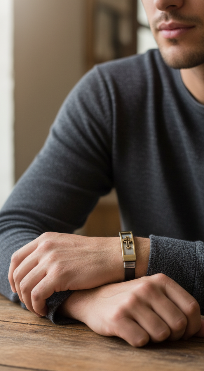 Pulsera Cruz de Caballero Acero y Piel