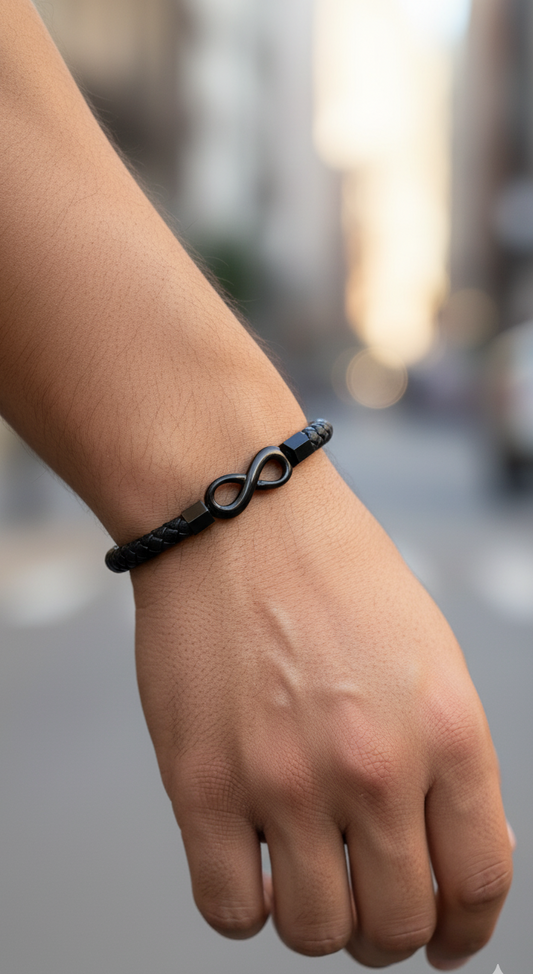 Pulsera "Infinito Matiz" - Cuero Trenzado Negro