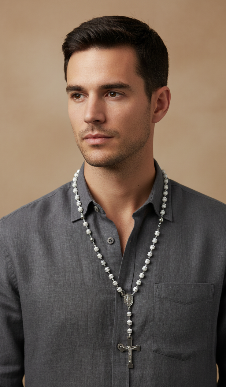 Rosario de Devoción "Luz Divina" - Cuentas Blancas y Acero