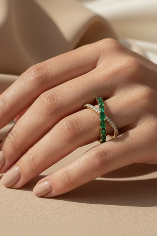 Anillo Cruzado Esmeralda 925